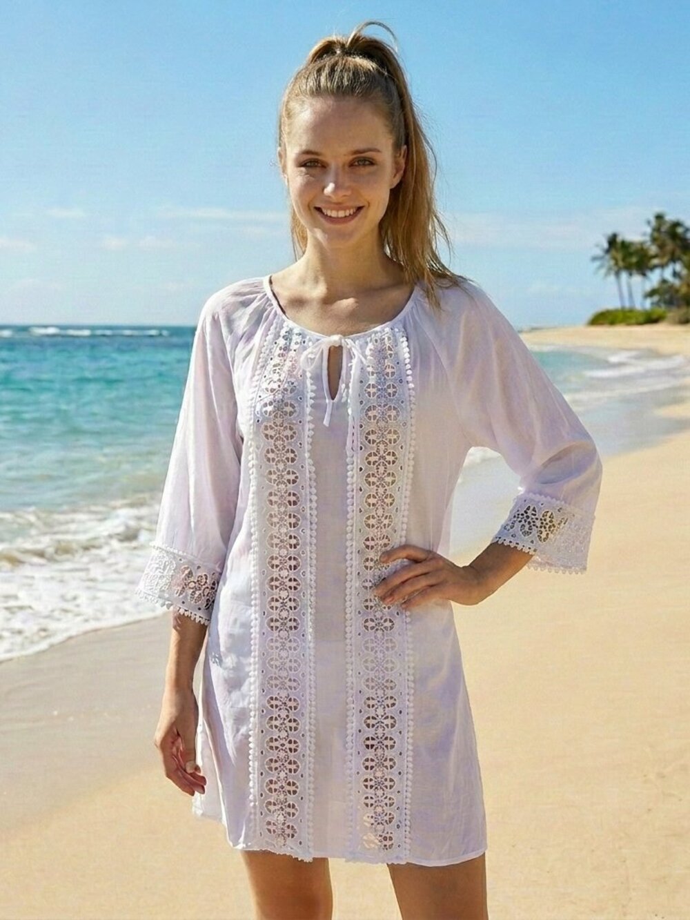 SOLITAIRE SWIM White Boho Lace Crochet Swimwear Cover Up Dress Small